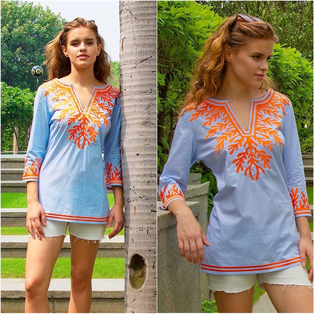 Gretchen Scott Striped Reef Embroidered Cotton Poplin Tunic